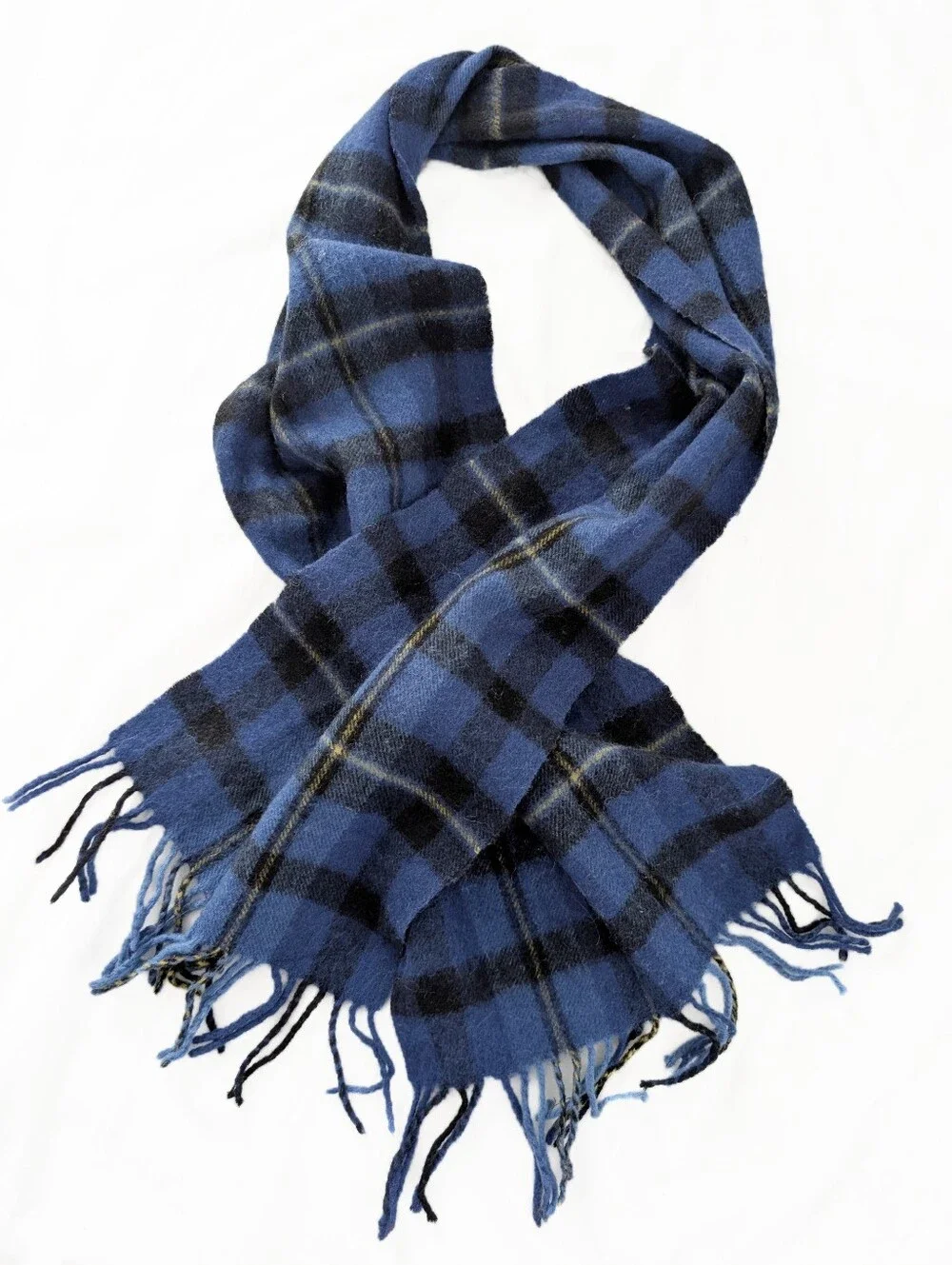 VINTAGE Wool Tartan Plaid Scarf Soft Blue Black Yellow Fringe 65